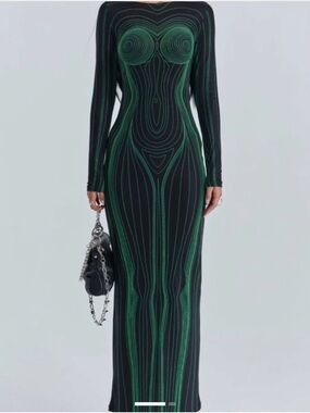 Sculpted Long Sleeve Maxi Dress in Black & Green